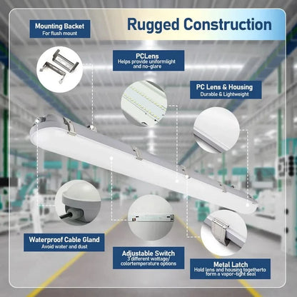 4FT LED Vapor Tight Fixture, Selectable 40W/50W/60W and CCT, 100-277 VAC, 7,800 Lumens