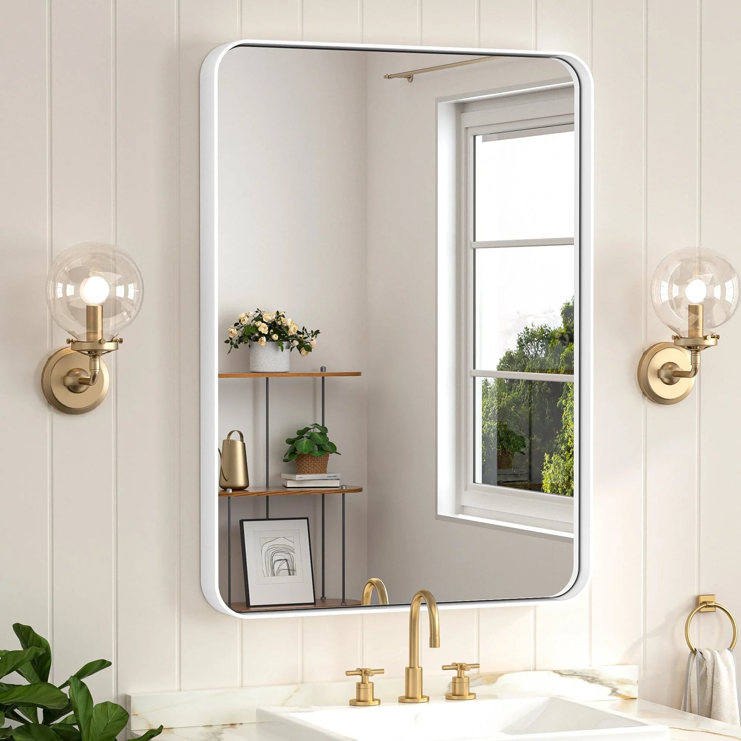 White Hard Corner Thin Frame Metal Mirror – Modern Wall-Mounted Bathroom - Bedroom - and Entryway Mirror
