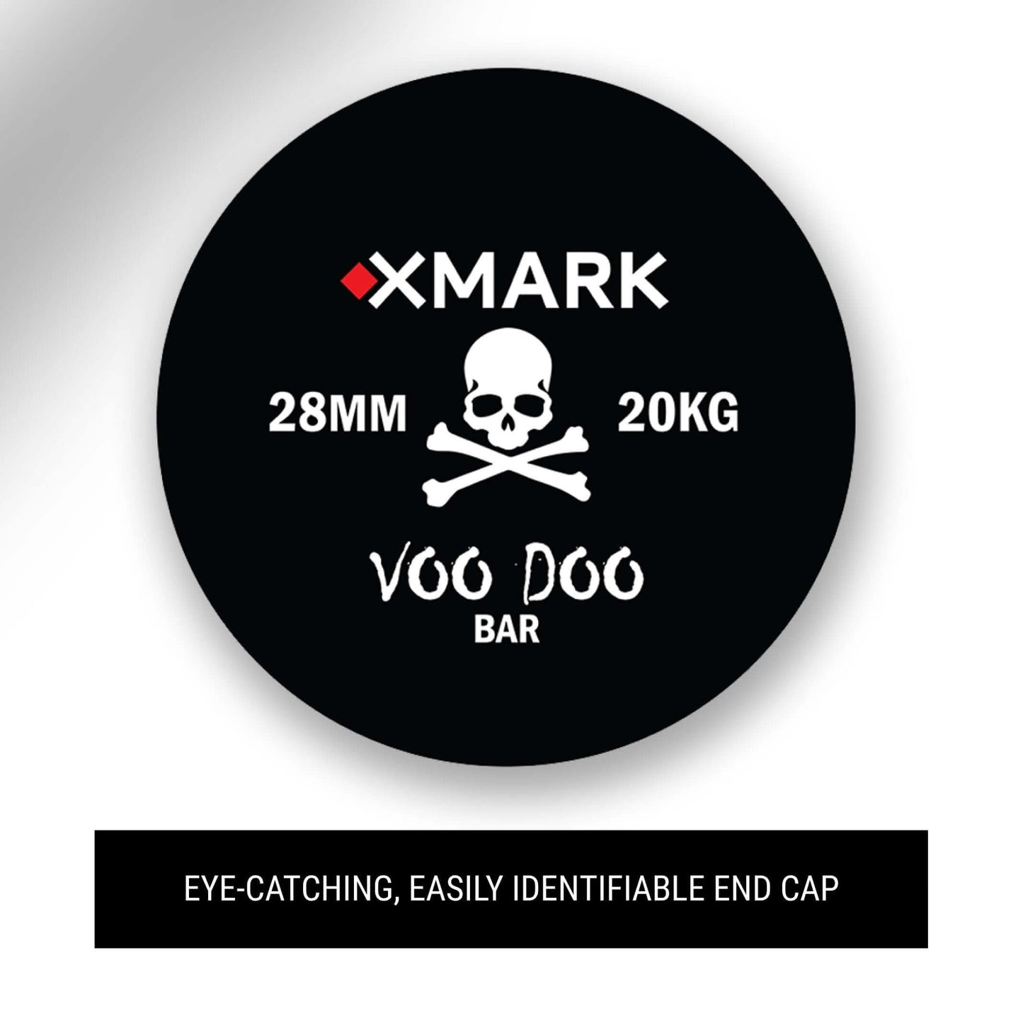 Eye-catching end cap for the Voodoo weightlifting bar, featuring a skull and crossbones design with size details.