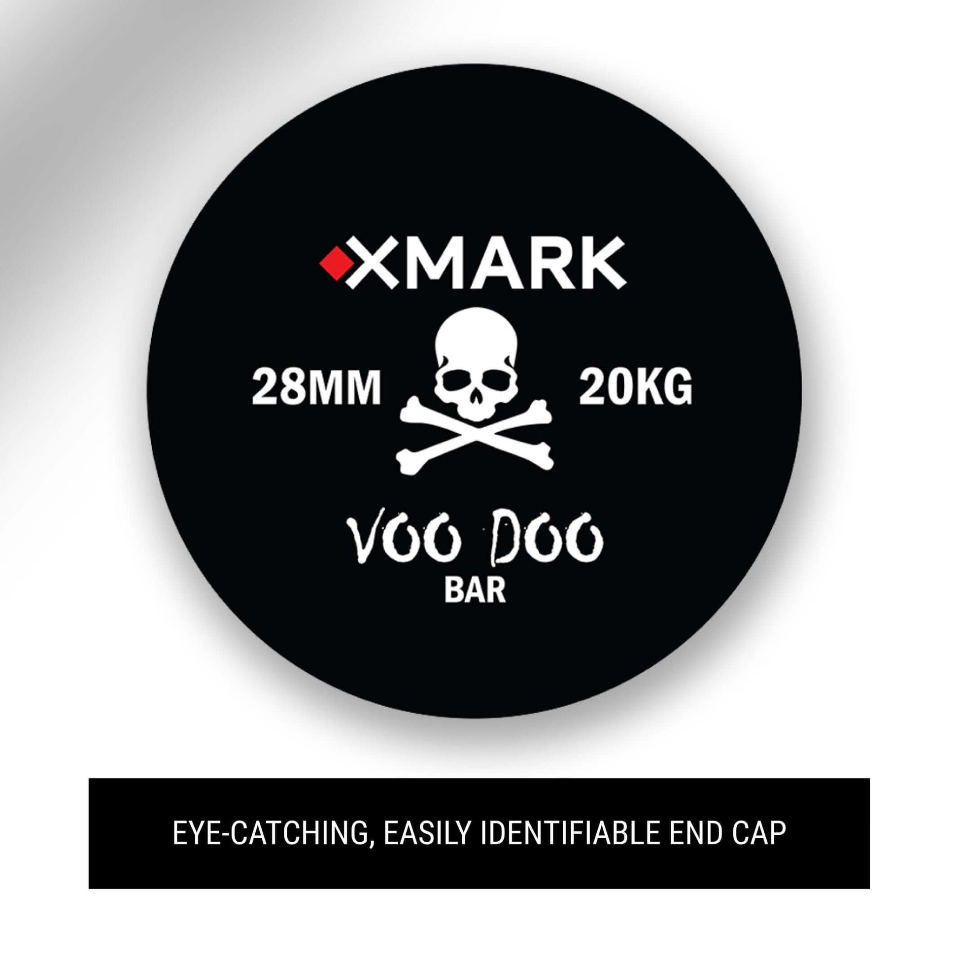 Eye-catching end cap for the Voodoo weightlifting bar, featuring a skull and crossbones design with size details.