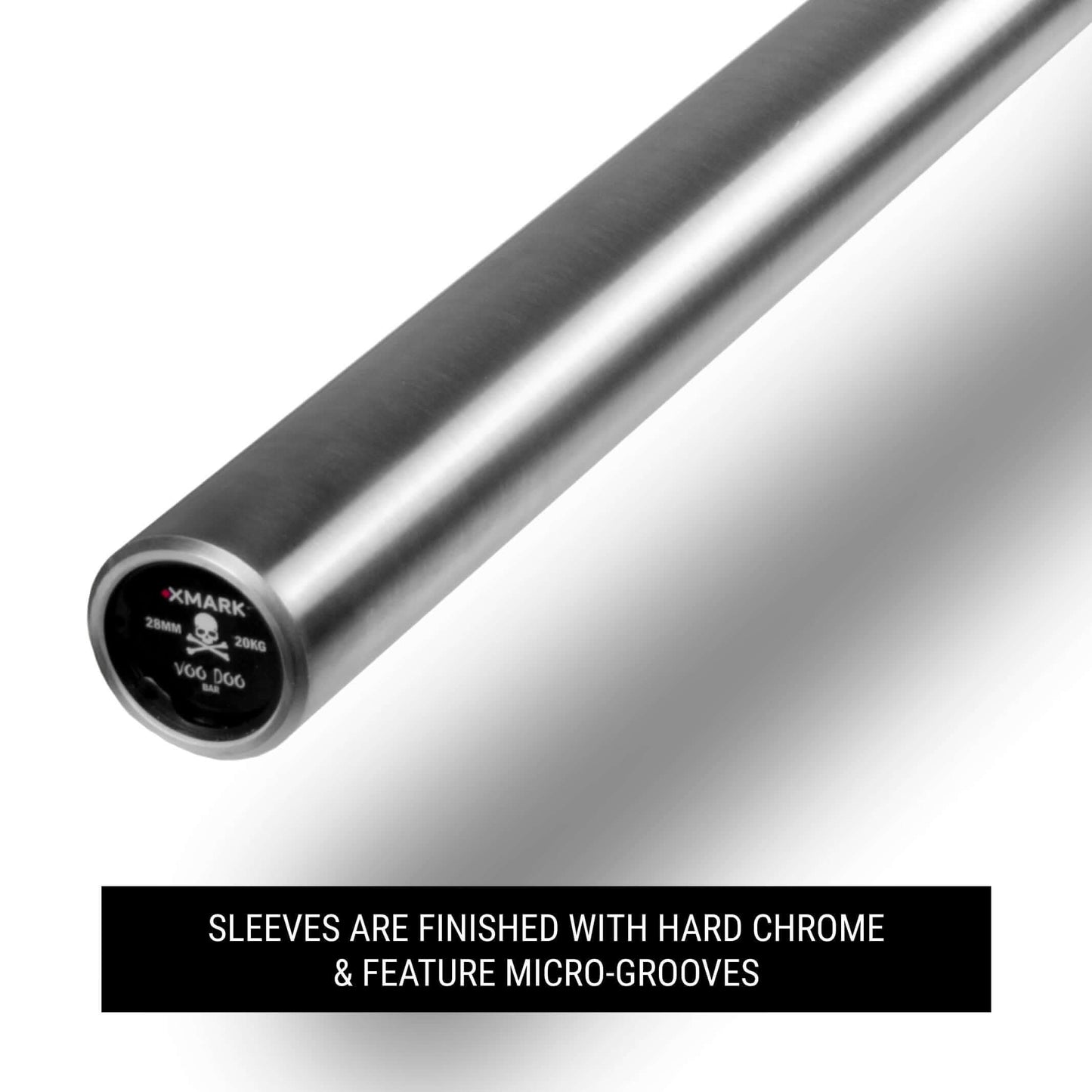 Close-up of a weightlifting bar sleeve, highlighting the hard chrome finish and micro-grooved design for secure plate attachment.
