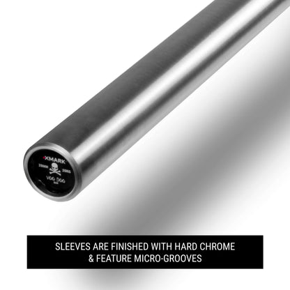Close-up of a weightlifting bar sleeve, highlighting the hard chrome finish and micro-grooved design for secure plate attachment.