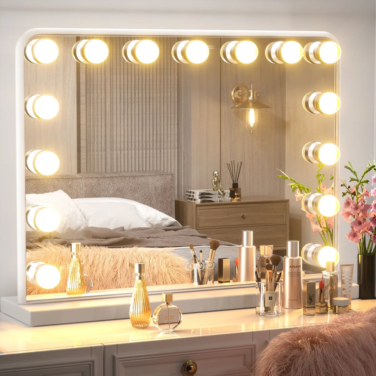 18x23 Inch Hollywood Lighted Makeup Mirror with Dimmable LED Bulbs – 3 Color Modes – White Frame Vanity Mirror