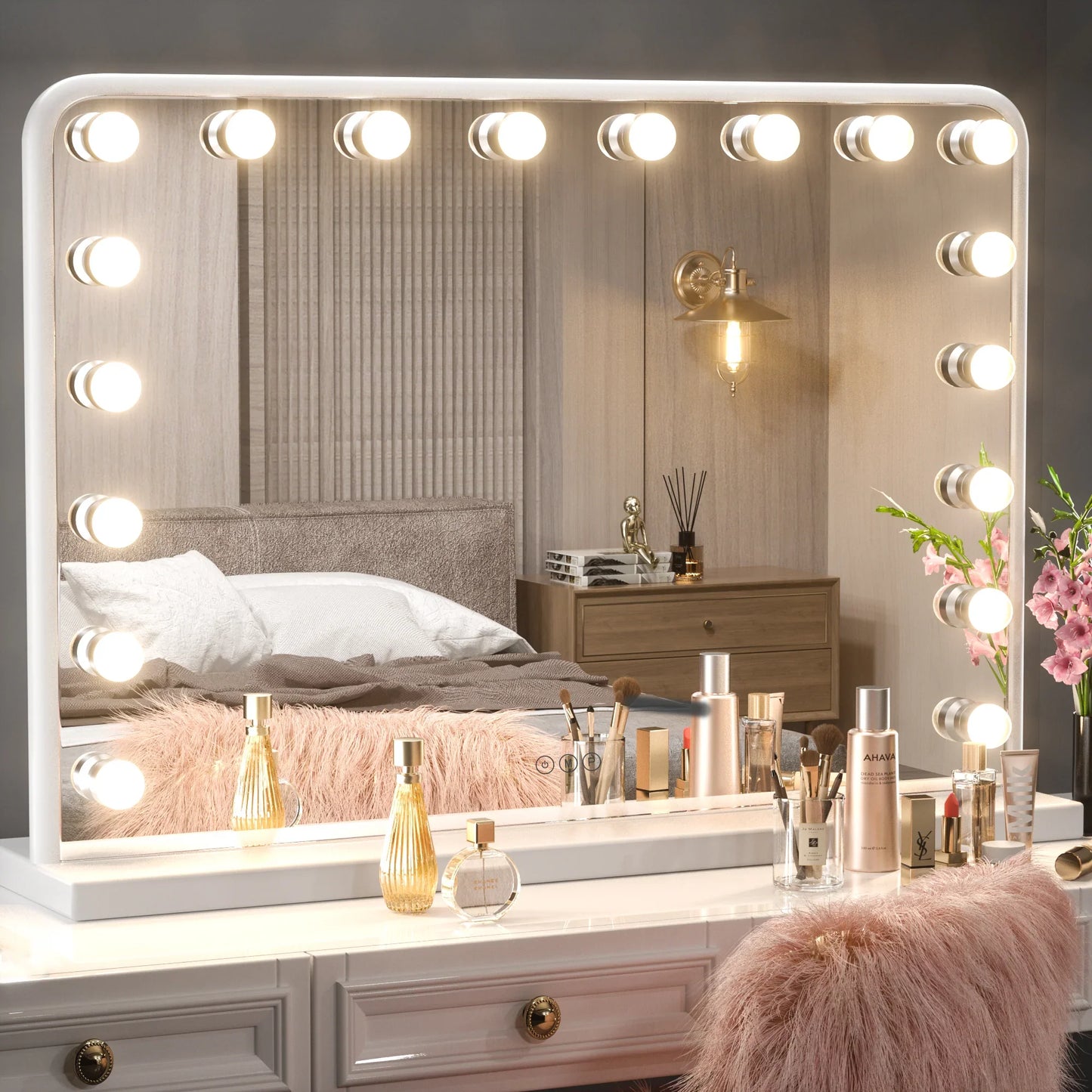 18x23 Inch Hollywood Lighted Makeup Mirror with Dimmable LED Bulbs – 3 Color Modes – White Frame Vanity Mirror
