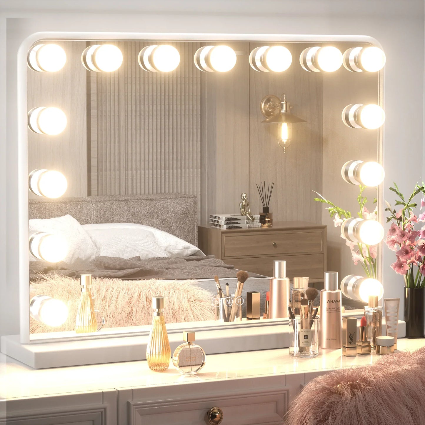 18x23 Inch Hollywood Lighted Makeup Mirror with Dimmable LED Bulbs – 3 Color Modes – White Frame Vanity Mirror