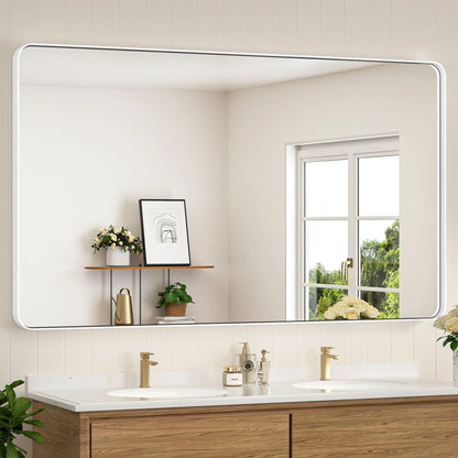 White Hard Corner Thin Frame Metal Mirror – Modern Wall-Mounted Bathroom - Bedroom - and Entryway Mirror
