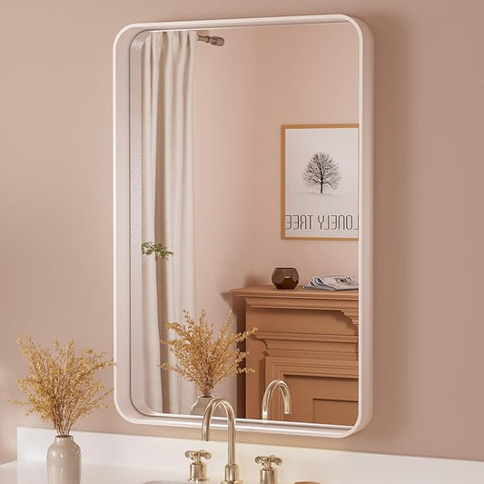White Round Corner Metal Frame Mirror – Rectangular Wall Mirror with Shatterproof Copper-Free Glass - Vertical or Horizontal Mount – Modern Decorative Mirror