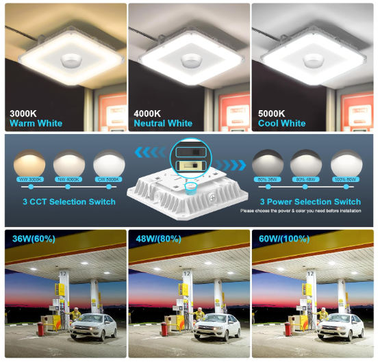 LED Canopy Light - Bult-in Photocell, 100W/80W/60W, 4500K-5700K, 13,500 Lumens, 100-277 VAC