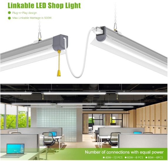 2-Pack 60W LED Shop Lights, 5000K Daylight, 7800LM, Linkable Garage Ceiling Lights with Power Cord, T10 Linear Fixture for Workshop, Office, Basement, 120V Only