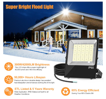 LED Flood Light, 300W, 5000K, 42,000 Lumens, 100-277 VAC