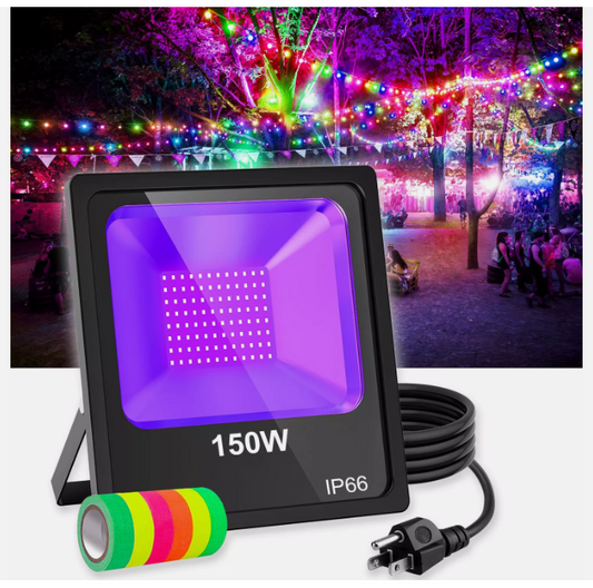 150W UV LED Black Light – IP66 Waterproof Blacklight for Glow Parties, Stage Lighting, Dance Events, Body Paint, Aquarium & Glow Posters – 10ft Power Cord, Plug & Glow Tape Included