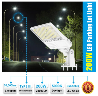 200W LED Parking Lot Light, 5000K, 29000 Lumens, Built-in Photocell, Trunnion & Slip Fitter Mount, 100-277 VAC, White Finish