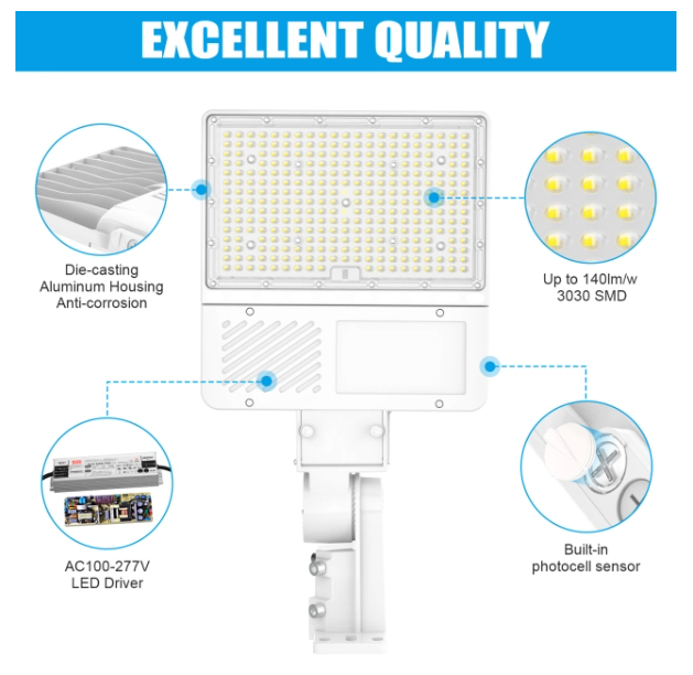 200W LED Parking Lot Light, 5000K, 29000 Lumens, Built-in Photocell, Trunnion & Slip Fitter Mount, 100-277 VAC, White Finish