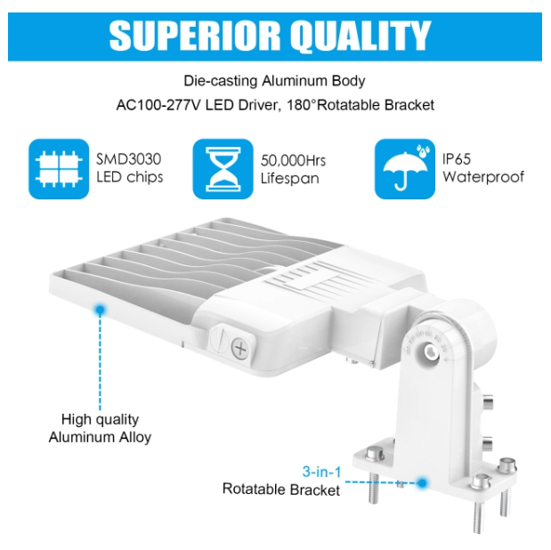 200W LED Parking Lot Light, 5000K, 29000 Lumens, Built-in Photocell, Trunnion & Slip Fitter Mount, 100-277 VAC, White Finish