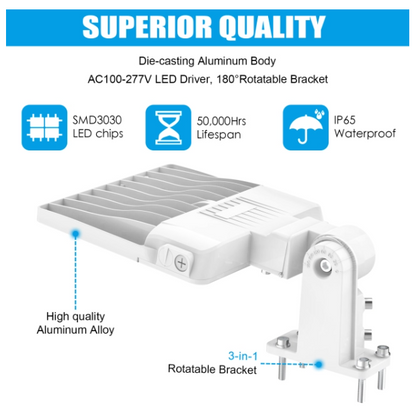 200W LED Parking Lot Light, 5000K, 29000 Lumens, Built-in Photocell, Trunnion & Slip Fitter Mount, 100-277 VAC, White Finish