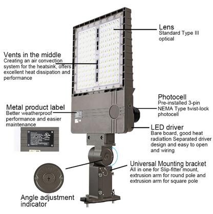 200W LED Parking Lot Light, 5000K, Built-in Photocell, 29,000 Lumens, Trunnion & Slip Fitter Mount, 100-277 VAC