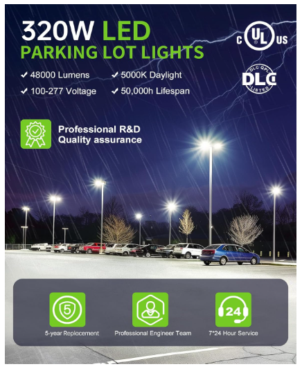 320W LED Parking Lot Light with Photocell, 5000K, 48000 Lumens, 100-277 VAC, Universal Mount