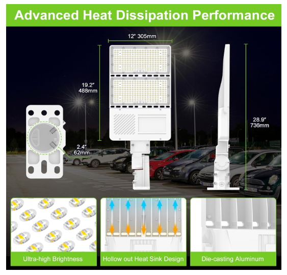 320W LED Parking Lot Light with Photocell, 5000K, 48000 Lumens, 100-277 VAC, Universal Mount