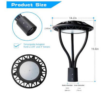 LED Post Top Light, Selectable 100W/80W/60W, 5000K, 100-277 VAC, 14000 Lumens, Built-in Photocell