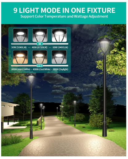 LED Post Top Light - Built-in Photocell, Selectable 150W/100W/70W and CCT, 100-277 VAC, 21000 Lumens