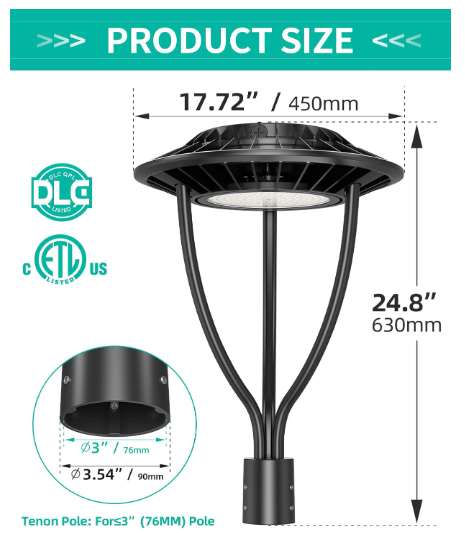 LED Post Top Light, Selectable 100W/ 80W/60W and CCT, 100-277 VAC, 14000 Lumens