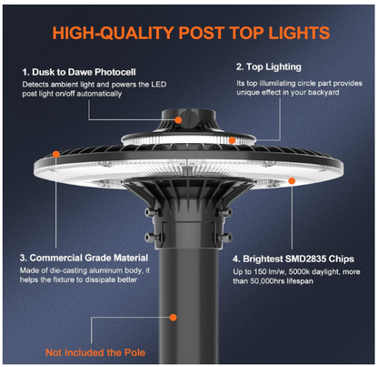 120W LED Post Top Light, 5000K, 100-277 VAC, 16800 Lumens, Built-in Photocell