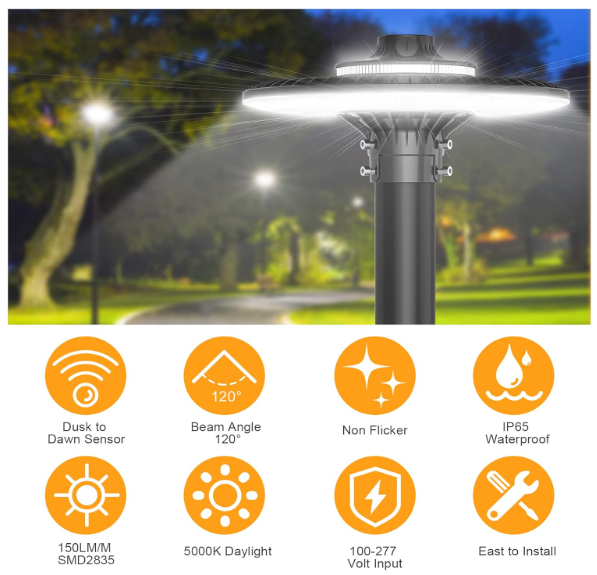 80W LED Post Top Light, 5000K, 100-277 VAC, 11200 Lumens, Built-in Photocell