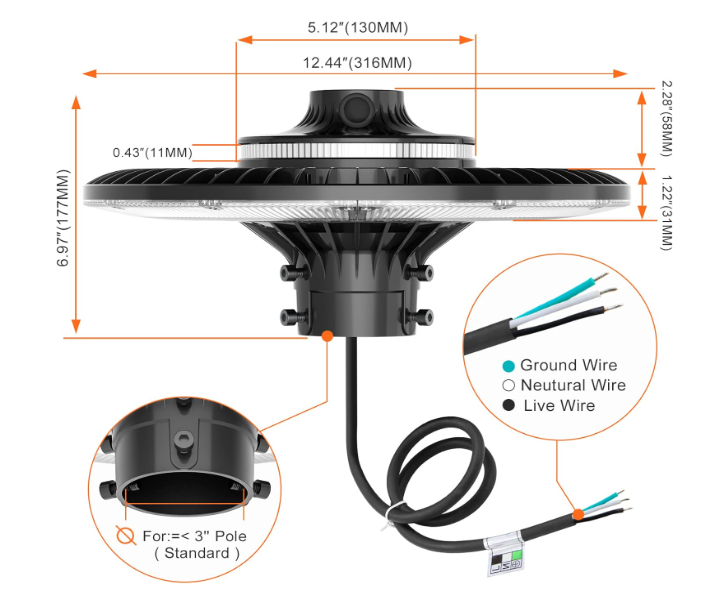 100W LED Post Top Light, 5000K, 100-277 VAC, 14000 Lumens, Built-in Photocell