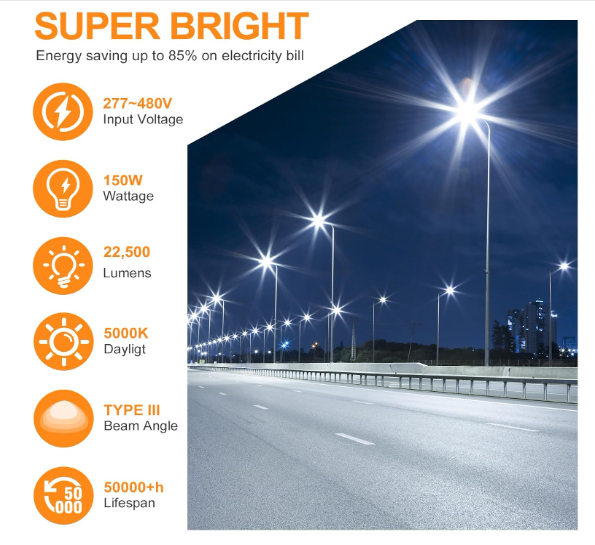 150W LED Parking Lot Light, 5000K, 21000 Lumens, Slip Fitter Mount, 277-480 VAC