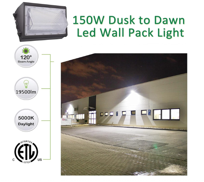 LED Wall Pack Light Built-in Photocell, 150W, 5000K, 19,500 Lumens, 100-277 VAC