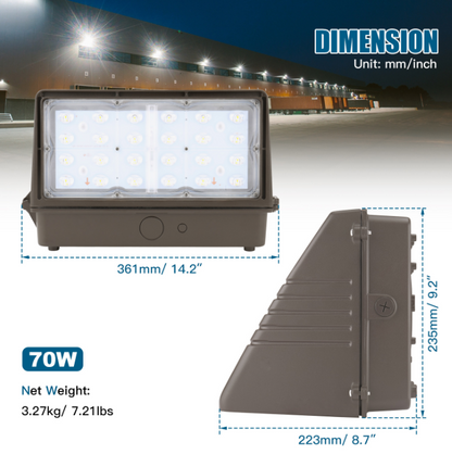 LED Full Cut-Off Wall Pack Light with Dusk-to-Dawn Photocell, Wattage Selectable (28W/42W/56W/70W), CCT Tunable (3000K/4000K/5000K), 120-277V, 0-10V Dimmable
